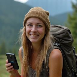 Hannah hiking with phone in hand