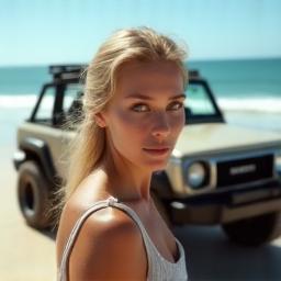 Kylie standing by 4x4 on beach